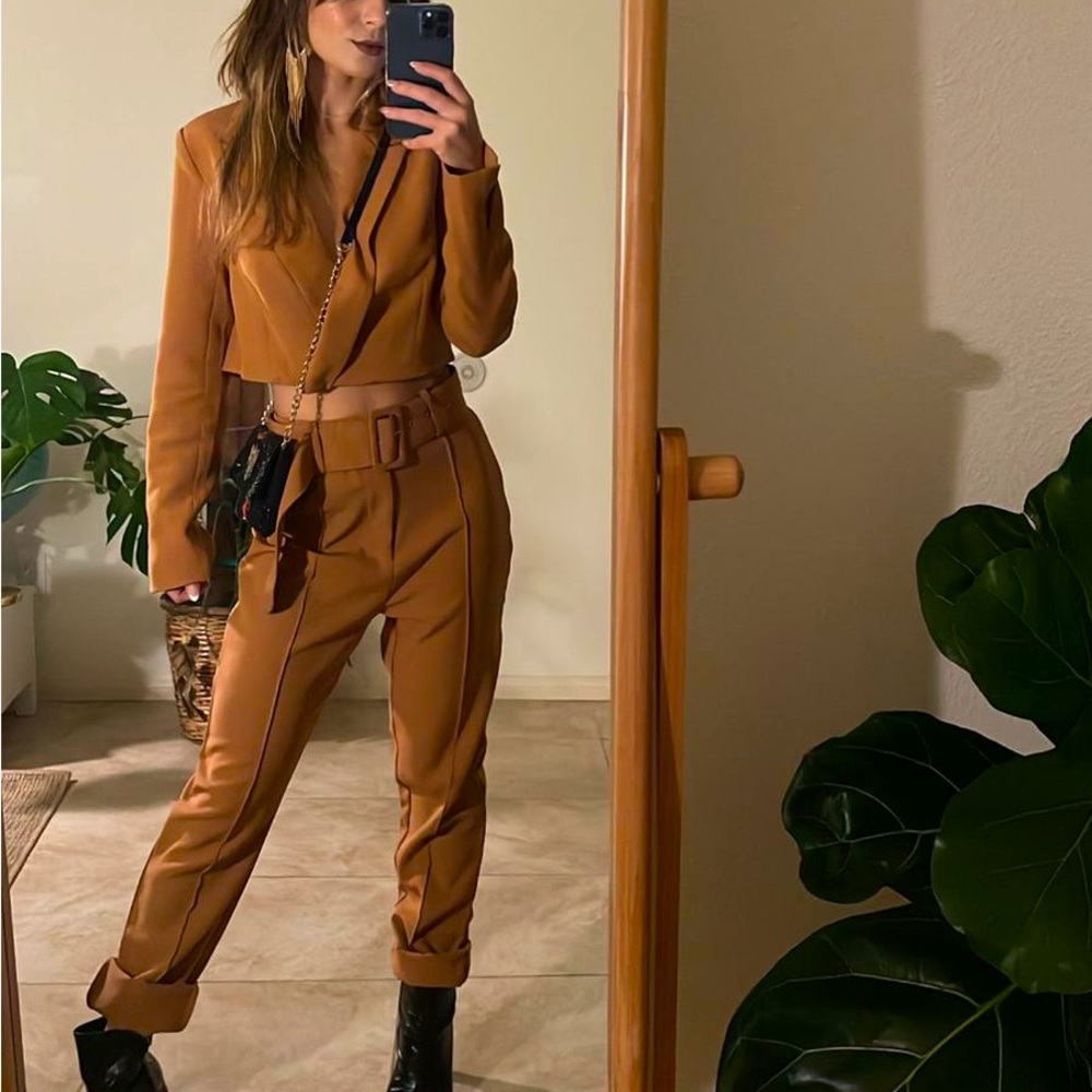 Camel Tailored Belted Cigarette Pants & Cropped Blazer SET